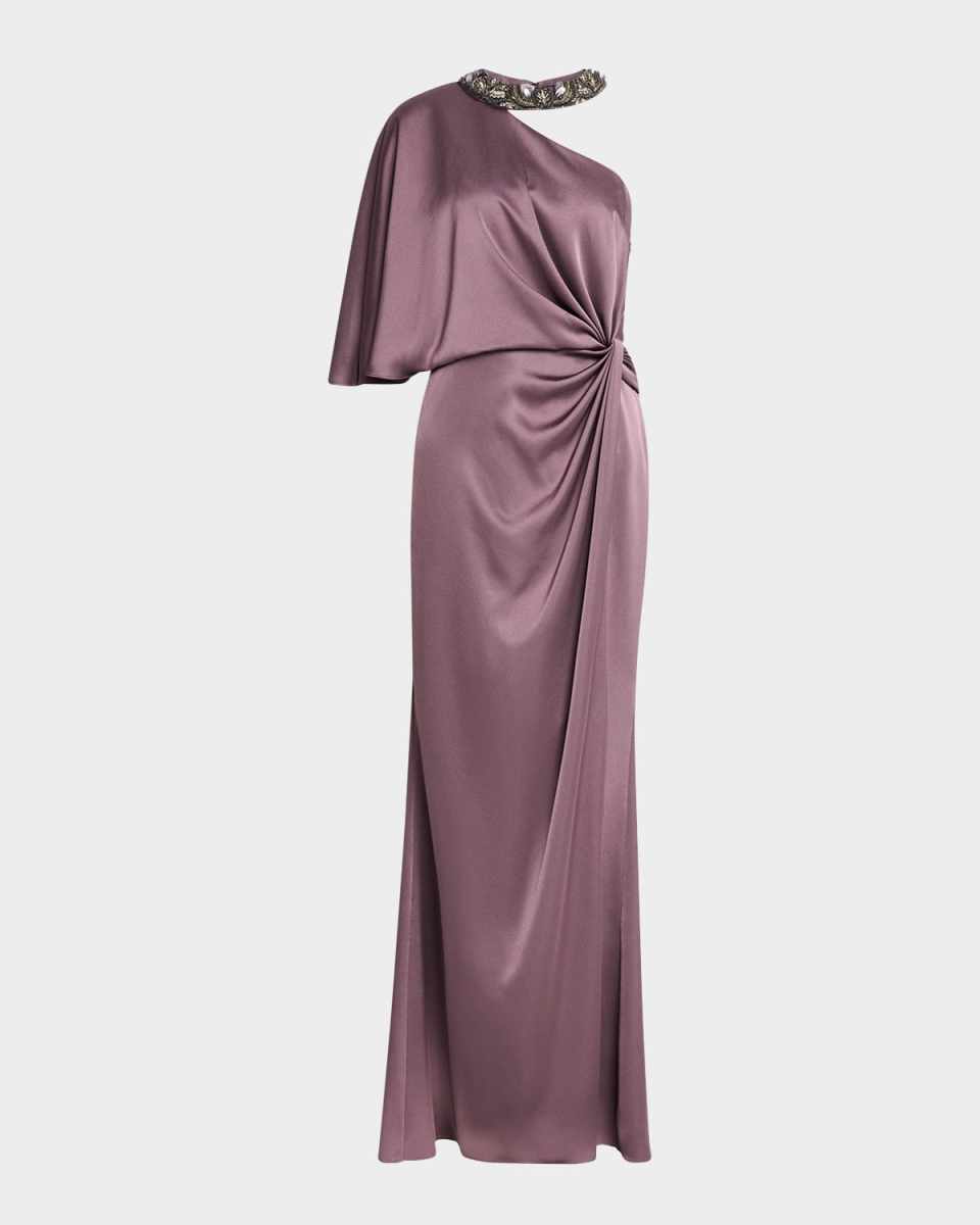 Beaded One-Shoulder Twist Gown